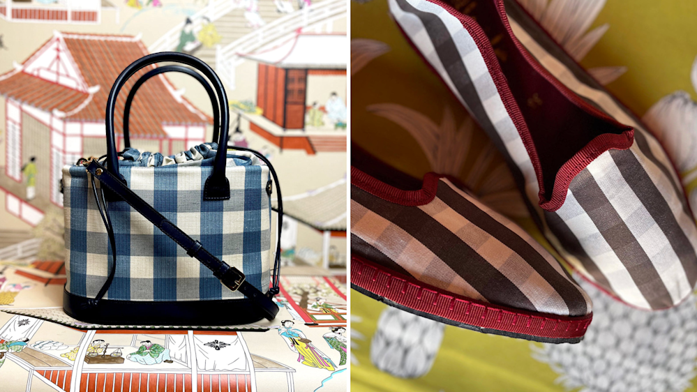 Dall-atelier Marta Ferri - Borsa bauletto Vichy con quadretti over ; Friulane Vichy con profilo rosso - SS25