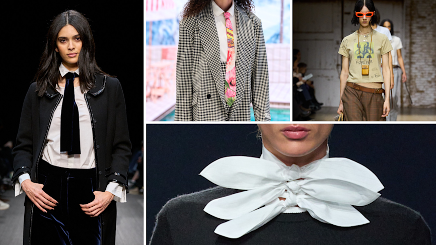 In senso orario Emporio Armani, Fiorucci, Coach, Moschino; Sfilate Autunno-Inverno 2025-2026