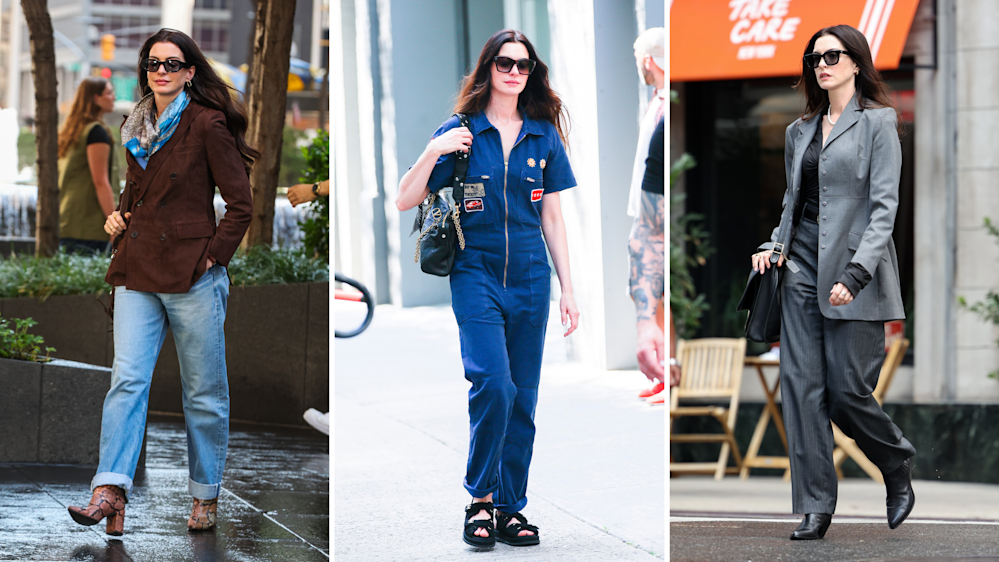 Anne Hathaway sul set de Il Diavolo Veste Prada 2, a New York Anne Hathaway sul set de Il Diavolo Veste Prada 2, a New York