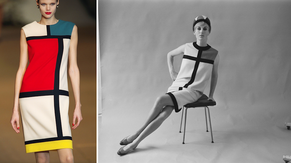 La modella Diana Gartner con un abito Haute-Couture di Yves Saint Laurent, SS 2002; Abito da giorno della collezione Mondrian di Yves Saint Laurent, 1965