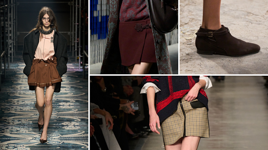 In senso orario Prada, Etro, Misson, Iceberg; Sfilate Autunno-Inverno 2025-2026