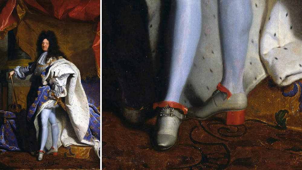 Luigi XIV, chiamato anche Re Sole, con un abito sfarzoso e la scarpe con fiocchetti decorativi; 1710 Luigi XIV, chiamato anche Re Sole, con un abito sfarzoso e la scarpe con fiocchetti decorativi; 1710